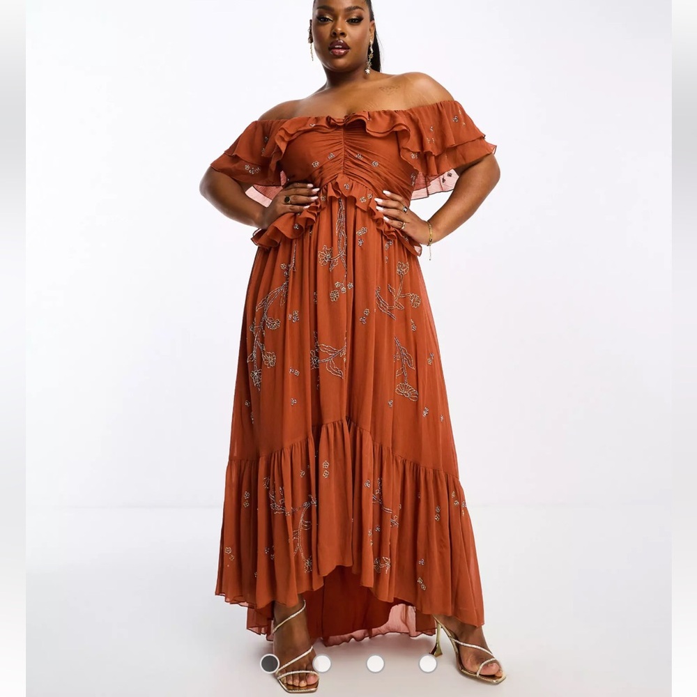 ASOS DESIGN Curve Embellished Ruffle Off Shoulder Midi Dress in Rust | Size 16